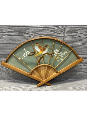 Vintage Hand Painted Decorative Green Cloth Bird Fan Wall Decor Hanging 13" x 8"